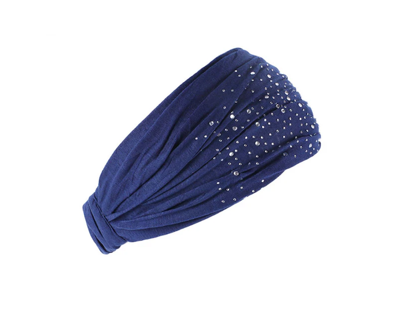 puluofuh Good Stretchy Solid Color Women Headband Skin-touch Wide Rhinestone Bandeau Hairband Hair Accessories-Navy Blue