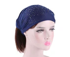 puluofuh Good Stretchy Solid Color Women Headband Skin-touch Wide Rhinestone Bandeau Hairband Hair Accessories-Navy Blue