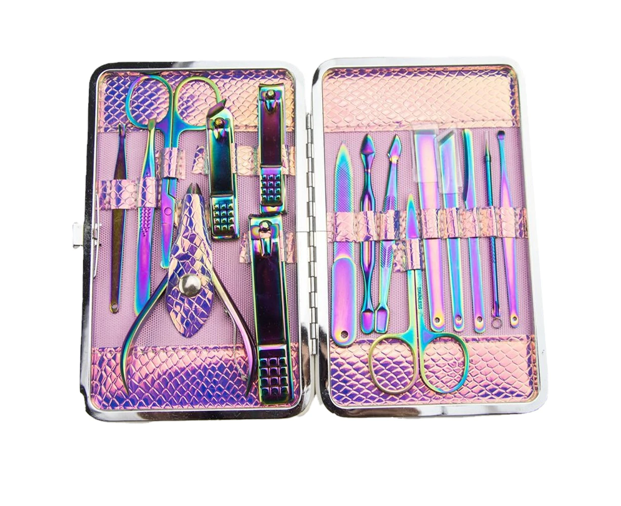 Manicure Set Professional Nail Clippers Kit Pedicure Care Tools- Stainless Steel Grooming Kit,16 Pieces Of Colored Titanium