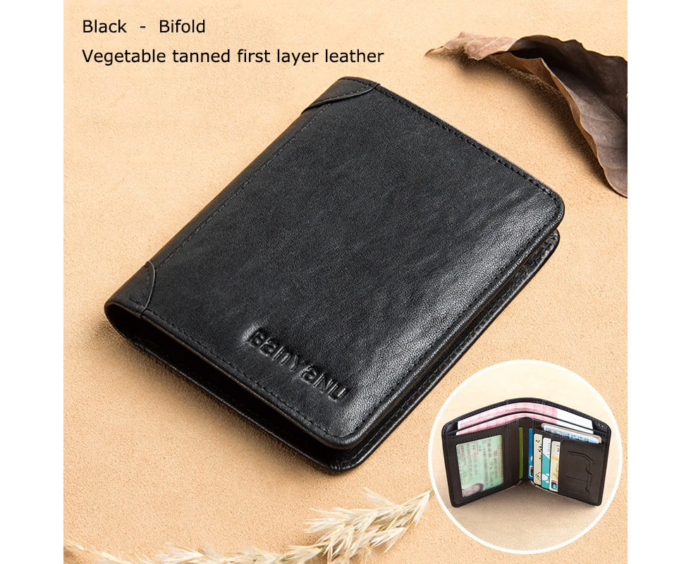 Luxury Anti Rfid Men Wallet Genuine Leather Men Wallets Short Male Purse Card Holder Wallet Men Money Bag Top Quality Slim Walet—Black