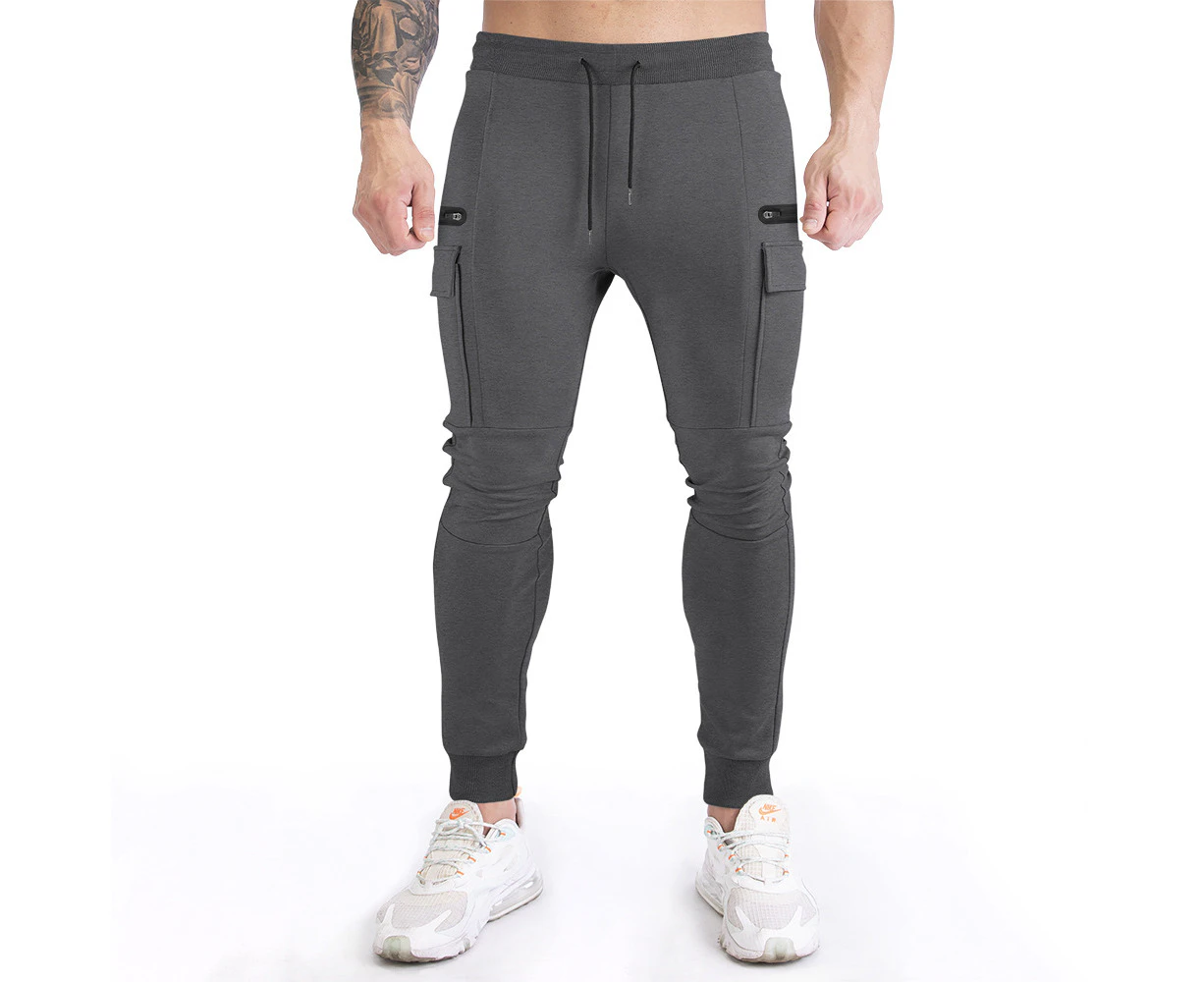 WeMeir Men's Sports Workout Pants Jogger Training Sweatpants Casual Gym Pants Tapered Training Sweatpants with Zippered Pockets-Dark Grey