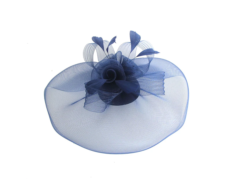 puluofuh Women Fascinator Hat Elegant Feather Veil Mesh Retro Lightweight Costume Accessories Pure Color Women Wedding Bridal Hat for Party-Navy Blue