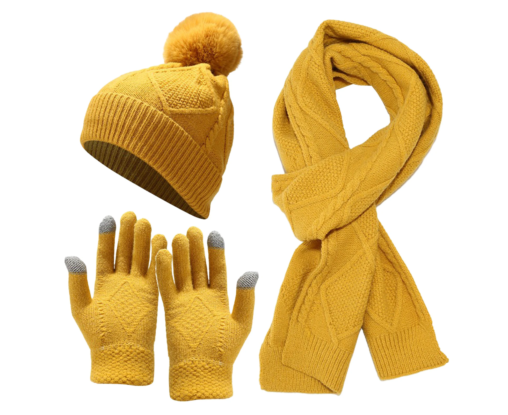 1 Set Autumn Winter Unisex Hat Scarf Touch Screen Gloves Fleeced Lined Fashion Pattern Plush Ball Knitted Beanies Cap for Outdoor - Yellow