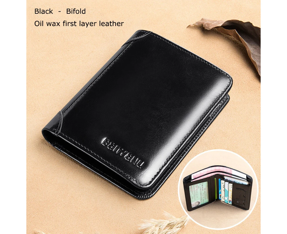 Luxury Anti Rfid Men Wallet Genuine Leather Men Wallets Short Male Purse Card Holder Wallet Men Money Bag Top Quality Slim Walet—Black