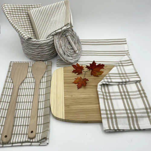 Rans Milan Tea Towels Check & Stripe Designs | 5 Piece Sets | TAUPE