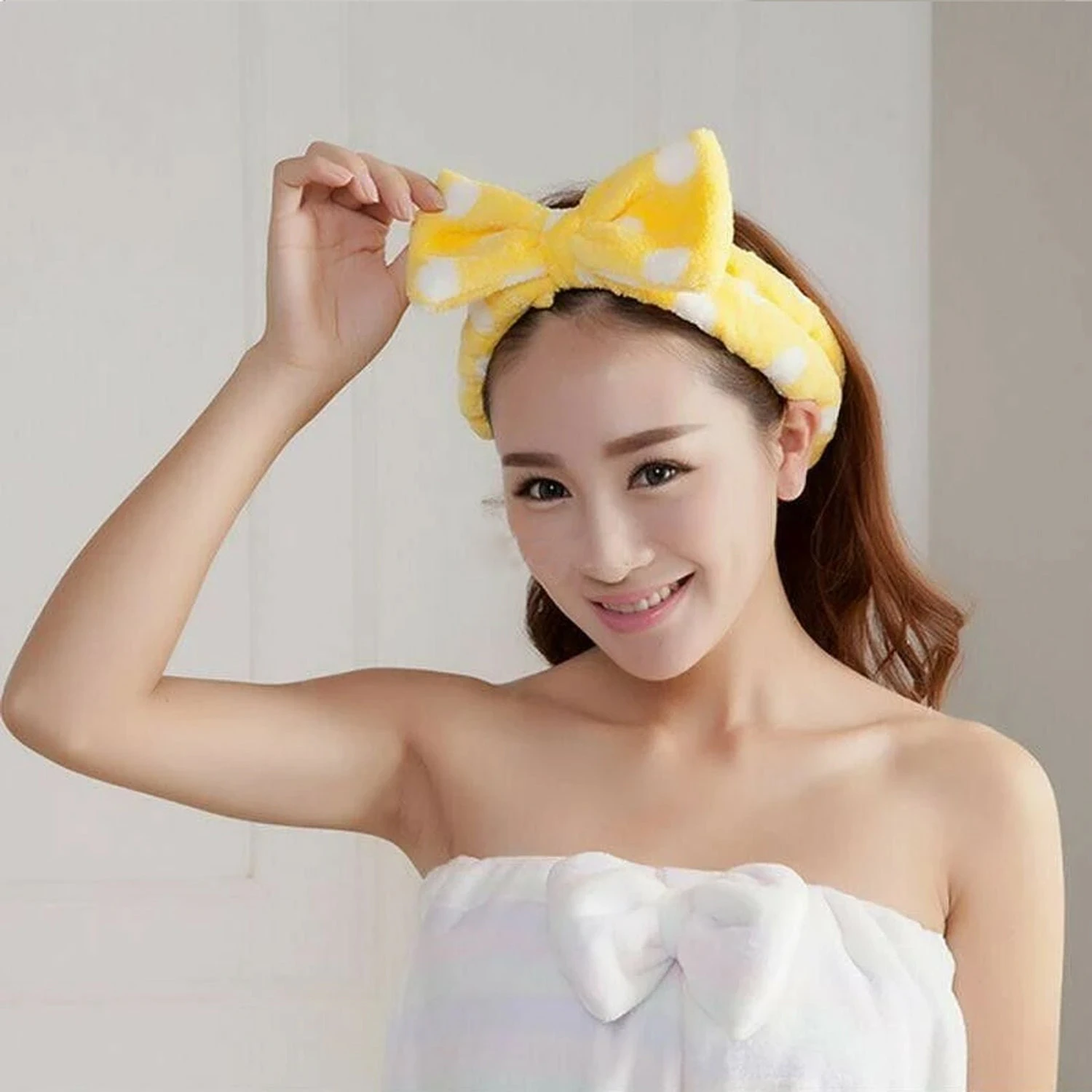 Cute Big Bow Striped Soft Hair Band Head Wrap Headband Bath Spa Headband - Yellow