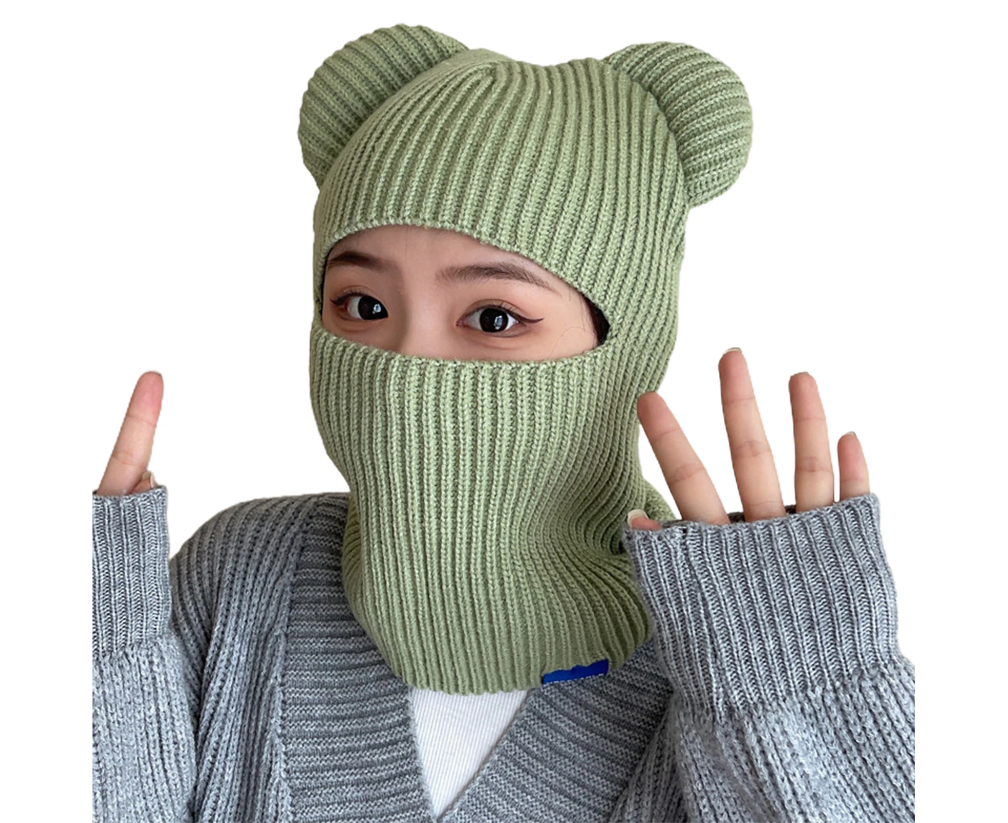 Bestjia Bear Ears Solid Color Ear Protection Knitted Scarf Cap Unisex Winter Outdoor Riding Integrated Scarf Beanie Hat Costume Accessories - Light Green