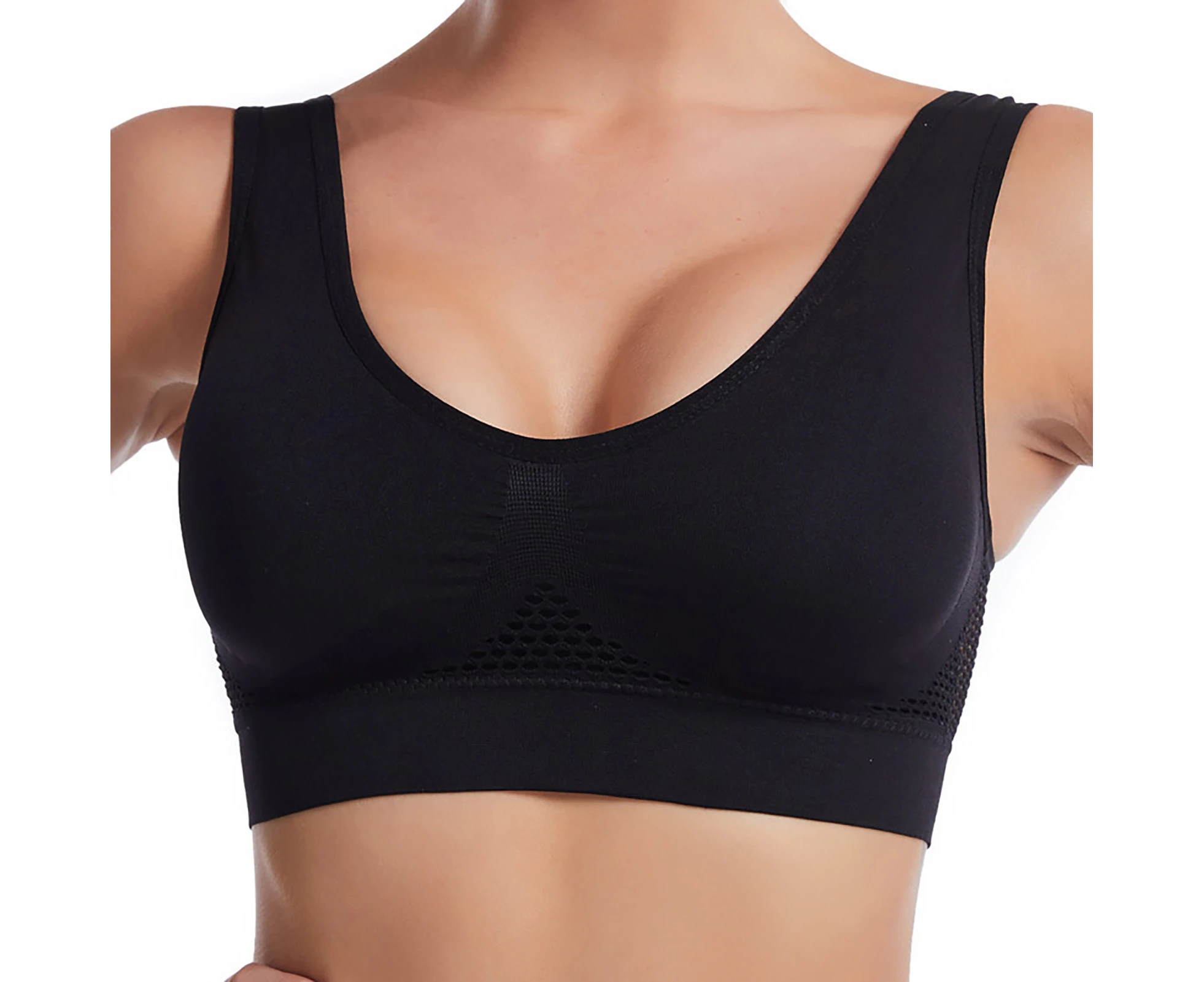 U-Neck Wide Shoulder Strap High Elasticity Shockproof Sports Bra Women Hollow Mesh Back Yoga Vest Bra-Black