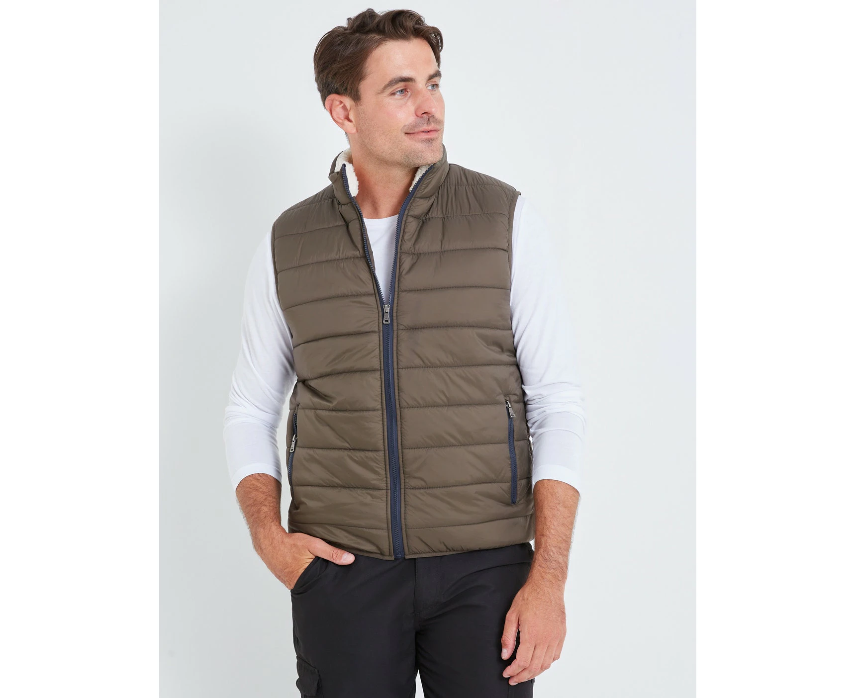 rivers - Mens Regular Vest - Green Winter Jacket - Striped Puffer Faux Fur Trim - Sleeveless - Olive - Gilet - Sherpa Padded - Office Casual Work Wear