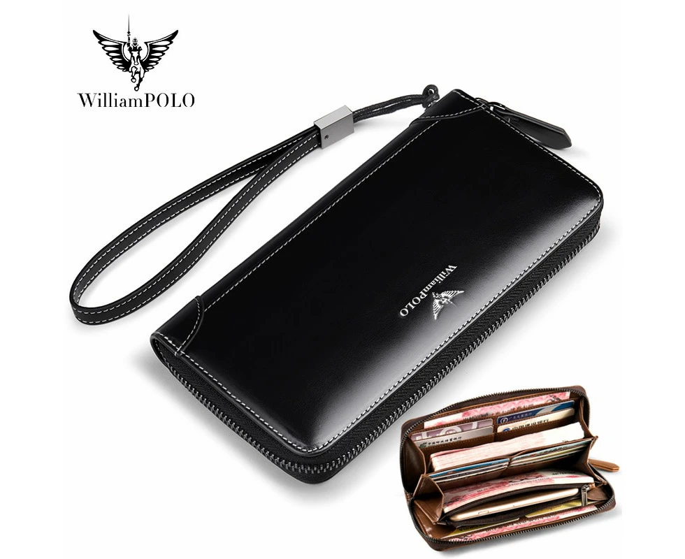 WILLIAMPOLO Brand Business Men Wallet Long Genuine Leather Clutch Wallet Purse Male Top Quality Soft Cowhide Handmade Coin Pouch—Clear