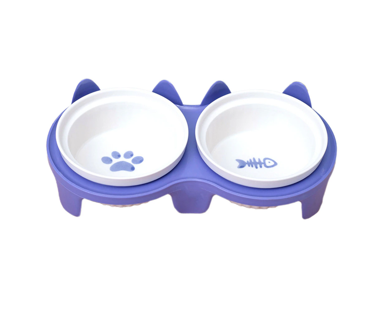 Ceramic Cat Bowls,Double Bowls for Food and Water, Elevated Ceramic Cat Bowls with Plastic Stand-purple