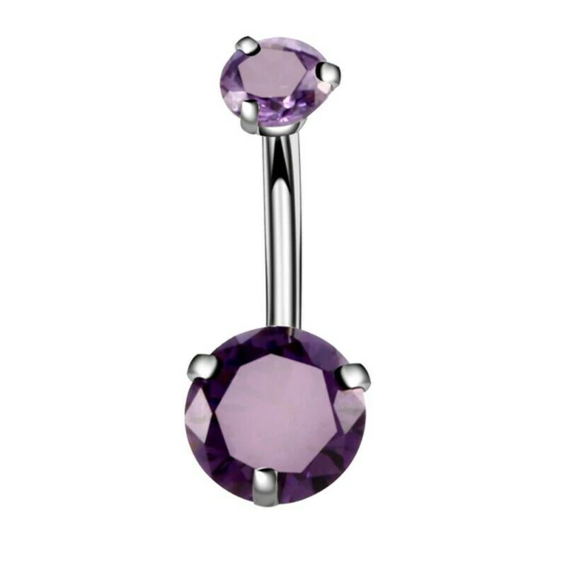 Navel Belly Bar Piercing Ring Crystal Zircon Surgical Steel Silver Jewellery - Purple