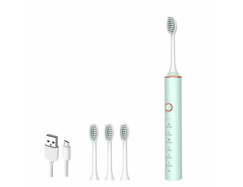 Ultrasonic Sonic Electric Toothbrush for Adults USB Rechargeable Waterproof Electric Teeth Tooth Brushes with 4 Replacement Heads - Green with 4 Heads