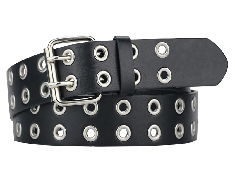 Grommet Leather Belts for Women, Black Belt Women Men with Studded Holes,black-double holes