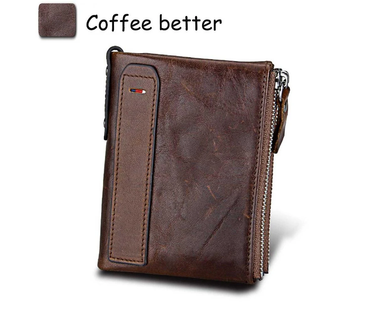 Genuine Cow Leather Men Wallets RFID Double Zipper Card Holder High Quality Male Wallets Purse Vintage Coin Holder Men Wallets—Brown