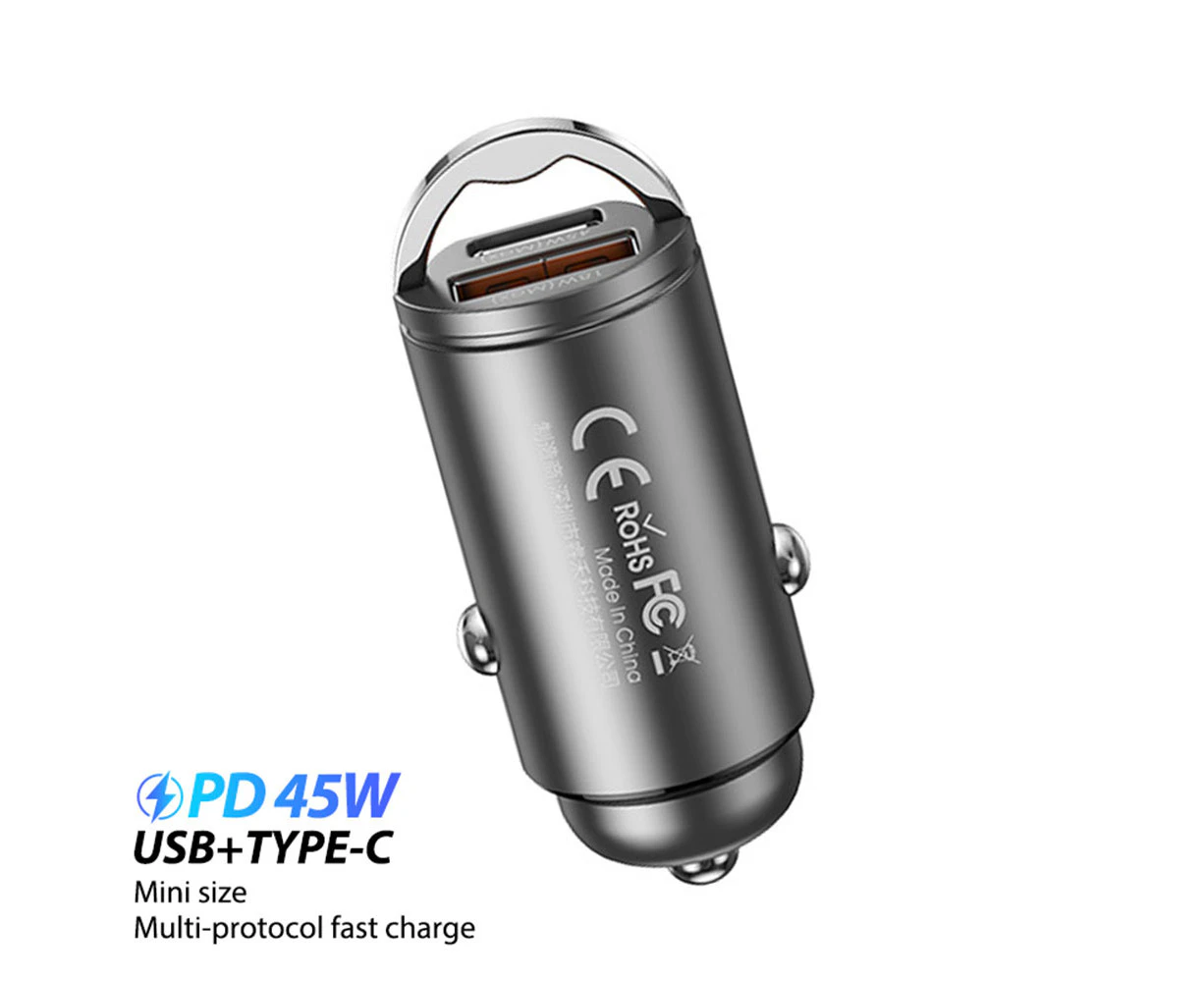 Type C Car Charger USB Fast Charging with Dual Port- grey