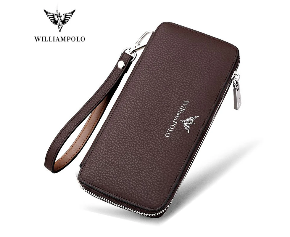 WILLIAMPOLO Brand Business Men Wallet Long Genuine Leather Clutch Wallet Purse Male Top Quality Soft Cowhide Handmade Coin Pouch—Brown