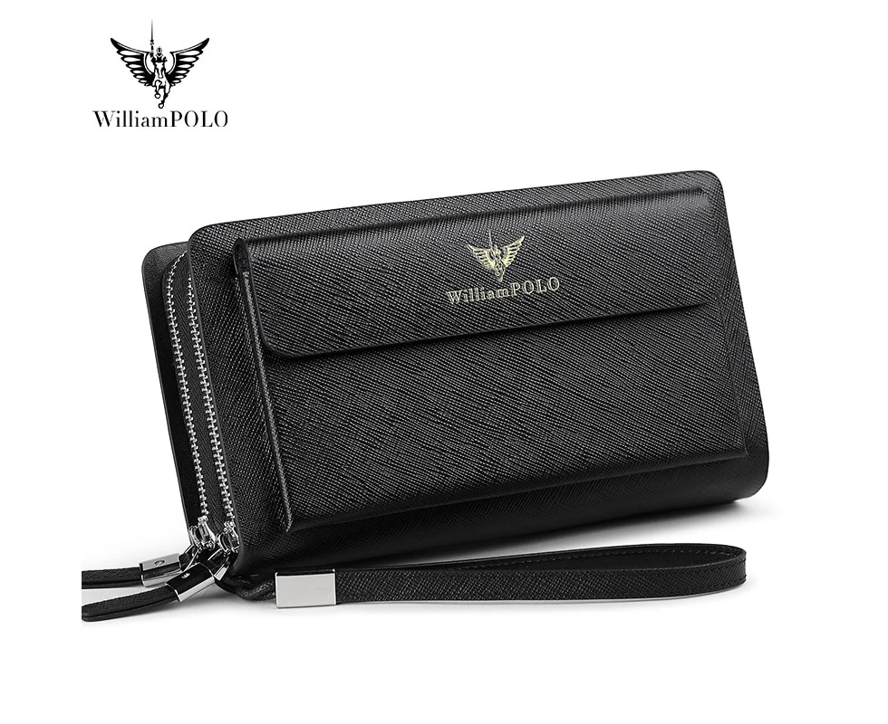 WILLIAMPOLO Luxury Men's Leather Clutch Bag Large Capacity Long Wallets High Quality Cowhide Clutch Wallets Fashion Hand bag—Black