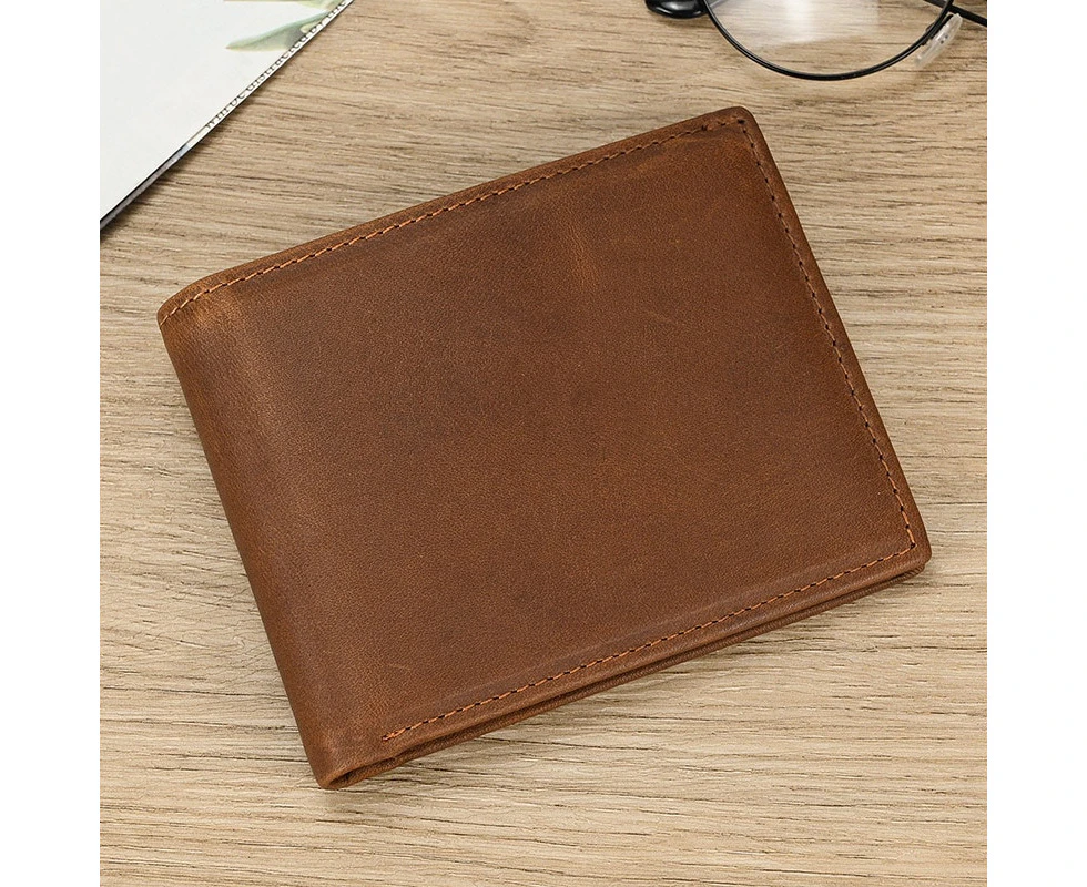 Men's Genuine Leather Trifold Wallet Wowen Natural Leather Zipper Short Purse Card Holder Change Coin Purse Male Clutch Wallets—Brown