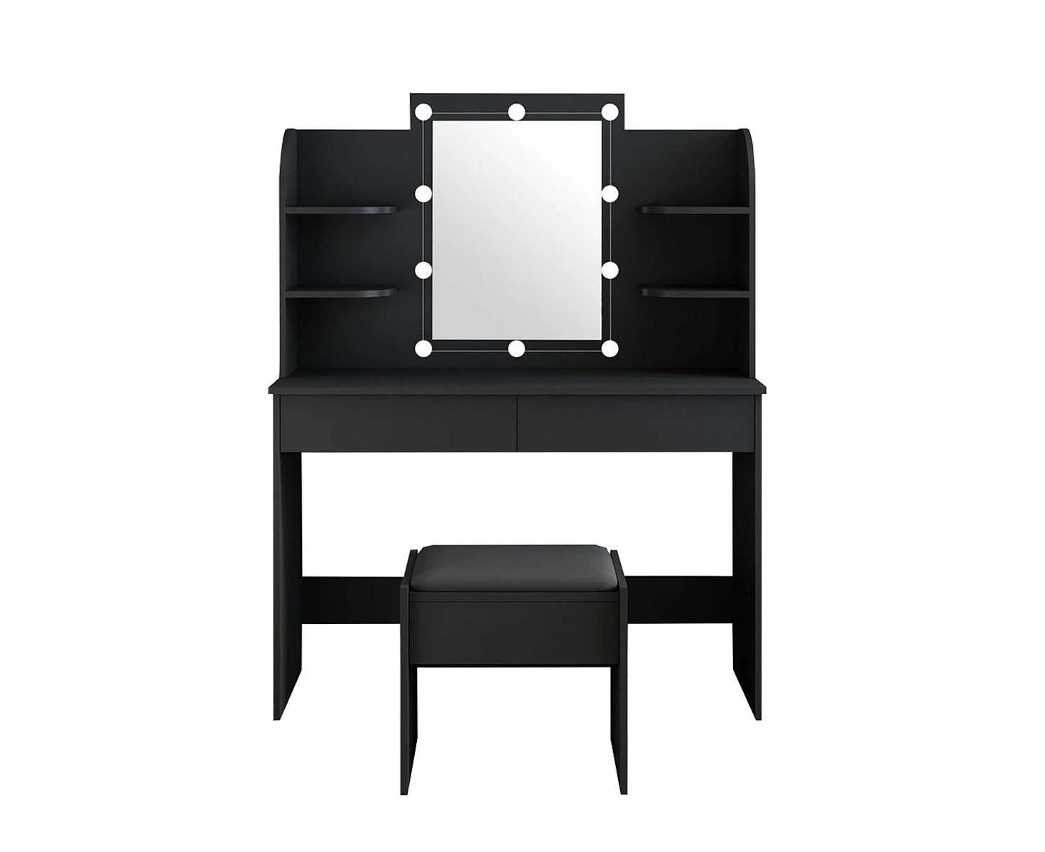 Modern Dressing Table Makeup Desk Vanity Table Stool Set with LED Lights Mirror Drawers-Black