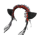 Women Hairband Gothic Lolita Ruffled Floral Lace Bells Tassels Maid Hair Accessories Photo Props Cosplay Party Plush Cat Ears Hair Hoop for Party-Black&Red