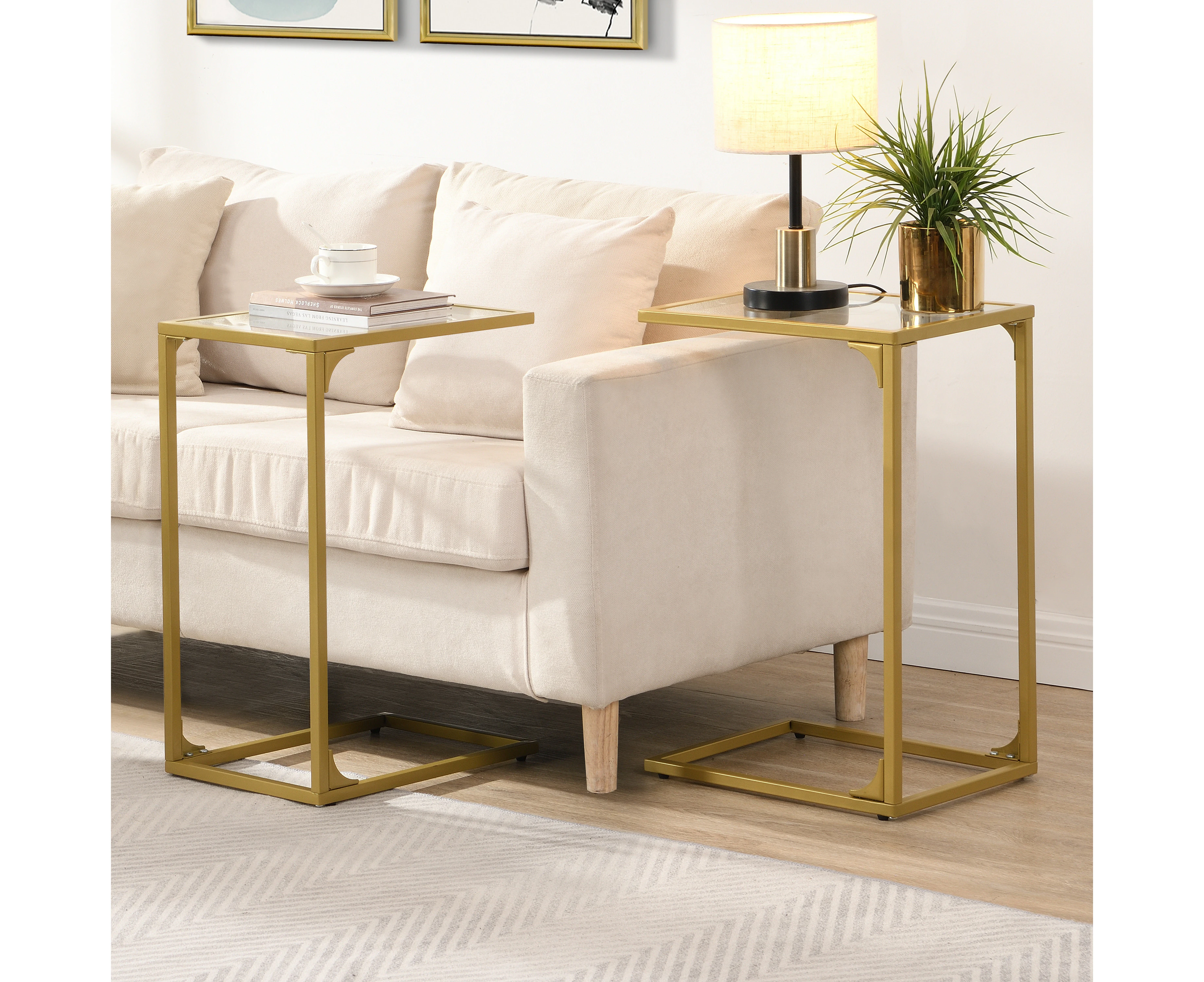 IHOMDEC Tempered Glass with Metal Frame C-Shaped End Side Table Set of 2 Gold