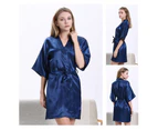 Bestjia Women Summer Solid Color Ice Silk Midi Dress Bath Robe Waist Belt Sleepwear - Purple