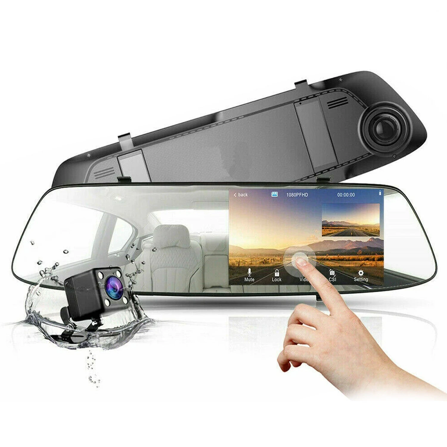 4.3" Rear View Mirror Dash Car Reverse Camera Kits Double Cam FHD 1080P