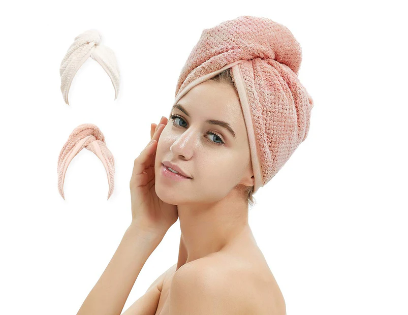 2 Pack Hair Drying Towels,Hair Wrap Towels,Super Absorbent Microfiber Hair Towel Turban with Button Design to Dry Hair More QuickerPink&beige