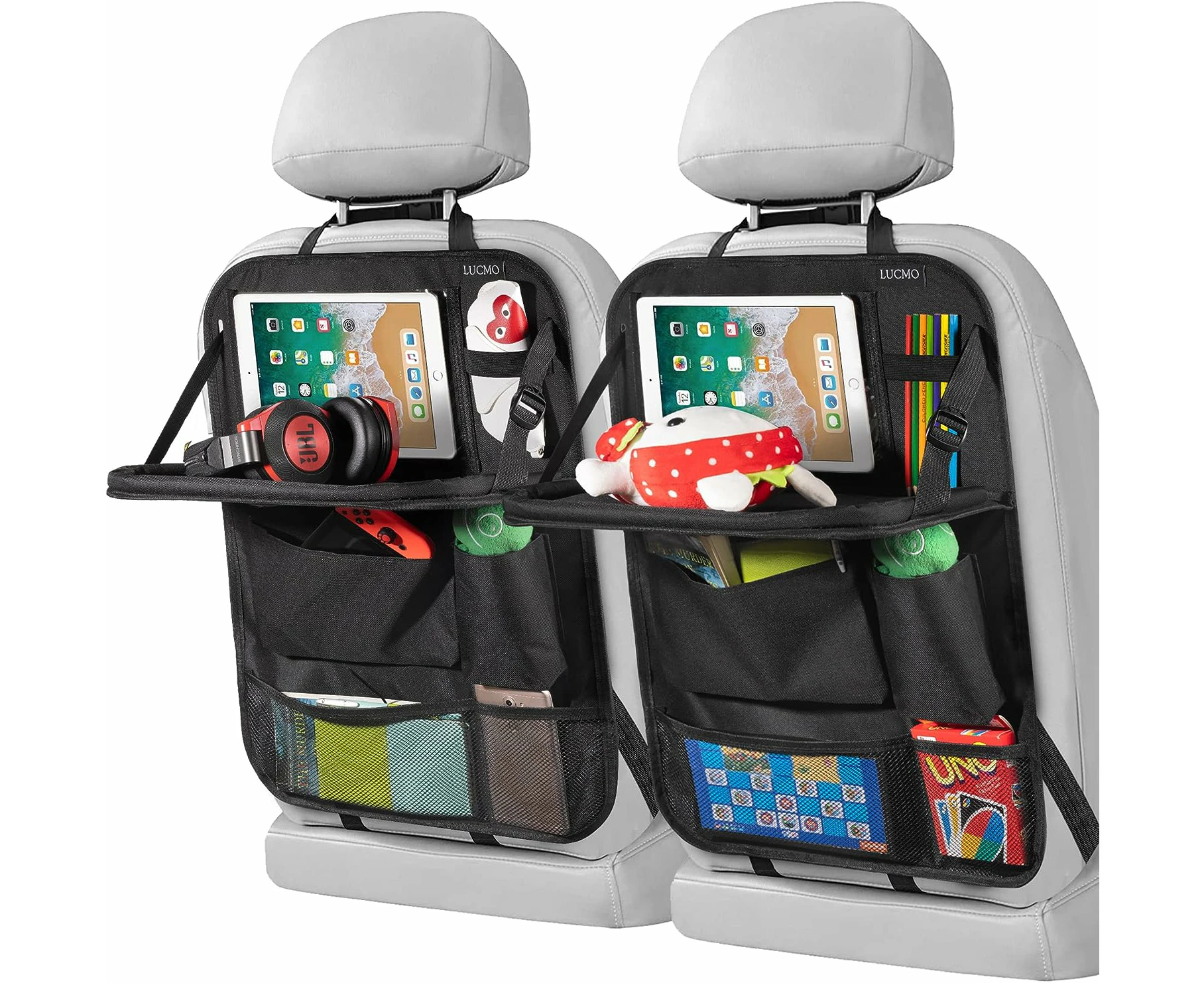 Car Backseat Organizer With Tablet Holder-2 Pack,6 Storage Pockets Car Storage Organizer With Foldable Food Tray,Car Seat Back Protectors Kick Mats Travel