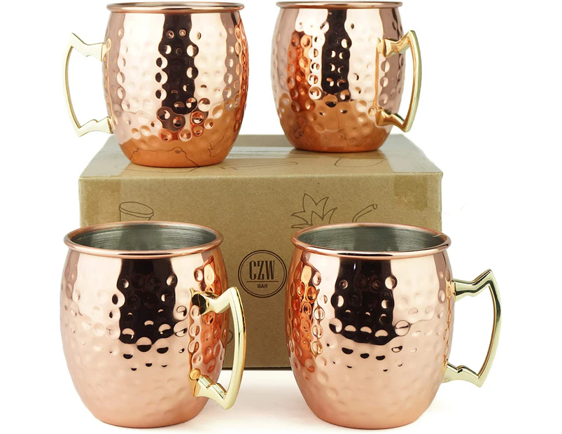 Set of 4 -100% Handcrafted Solid  Mugs, 18.5 oz Copper Cups ,Pure Copper Plating & Gold Brass Handles.3.7 inches Diameter x 4 inches TallCopper