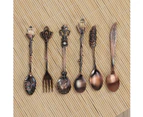 6pcs Vintage European Tableware Coffee Spoon Set Royal Spoon Fork Set Dessert Forks for Sweet Snacks (Red Bronze)