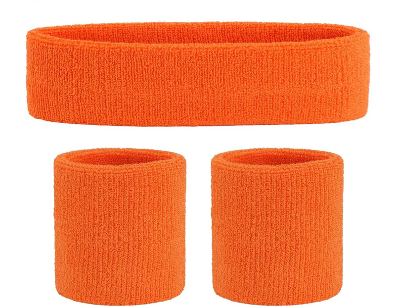 Sweatband Set Sports Headband Wristband Set Sweatbands Terry Cloth Wristband Wrist Headbands Moisture Wicking Sweat Absorbing Head Band Orange