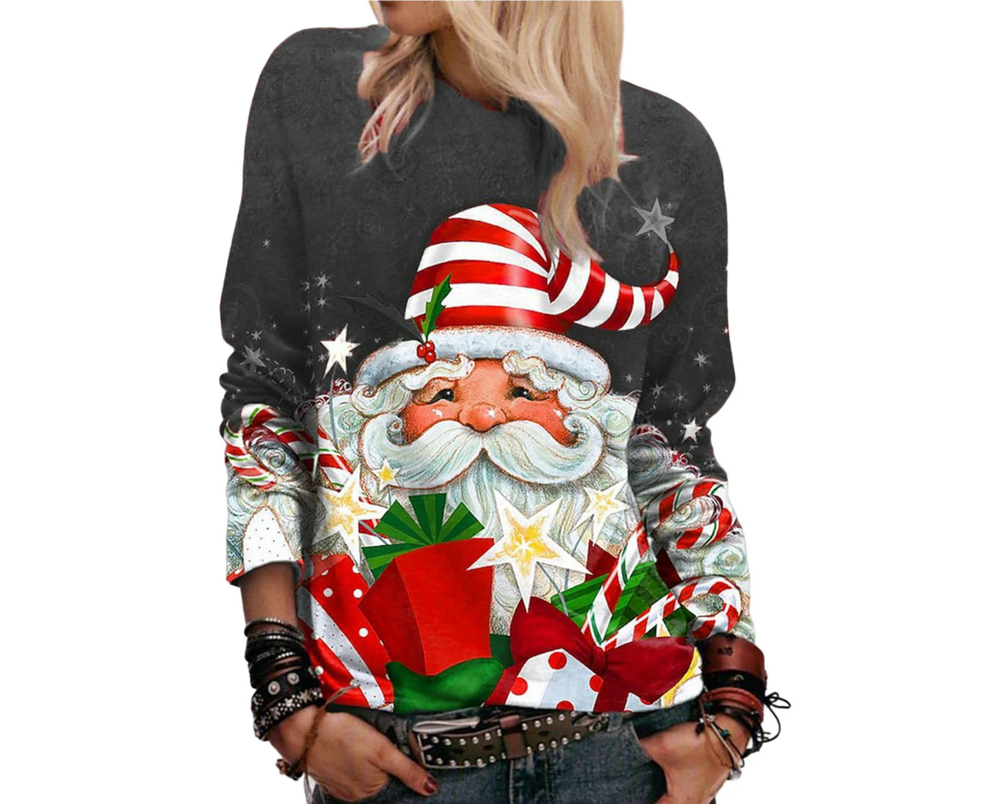 Women Christmas Sweatshirt Santa Print Christmas Pattern Crew Neck Long Sleeves Colorful Warm Mid Length Gift Box Lady Xmas T-shirt for Party - Grey