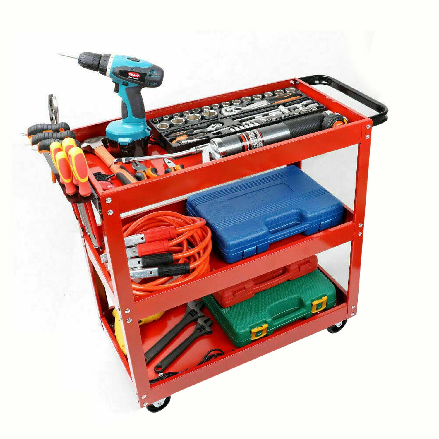 Tool Trolley 3-Tier Workshop Cart Rolling Steel Parts Storage Handyman 150KG