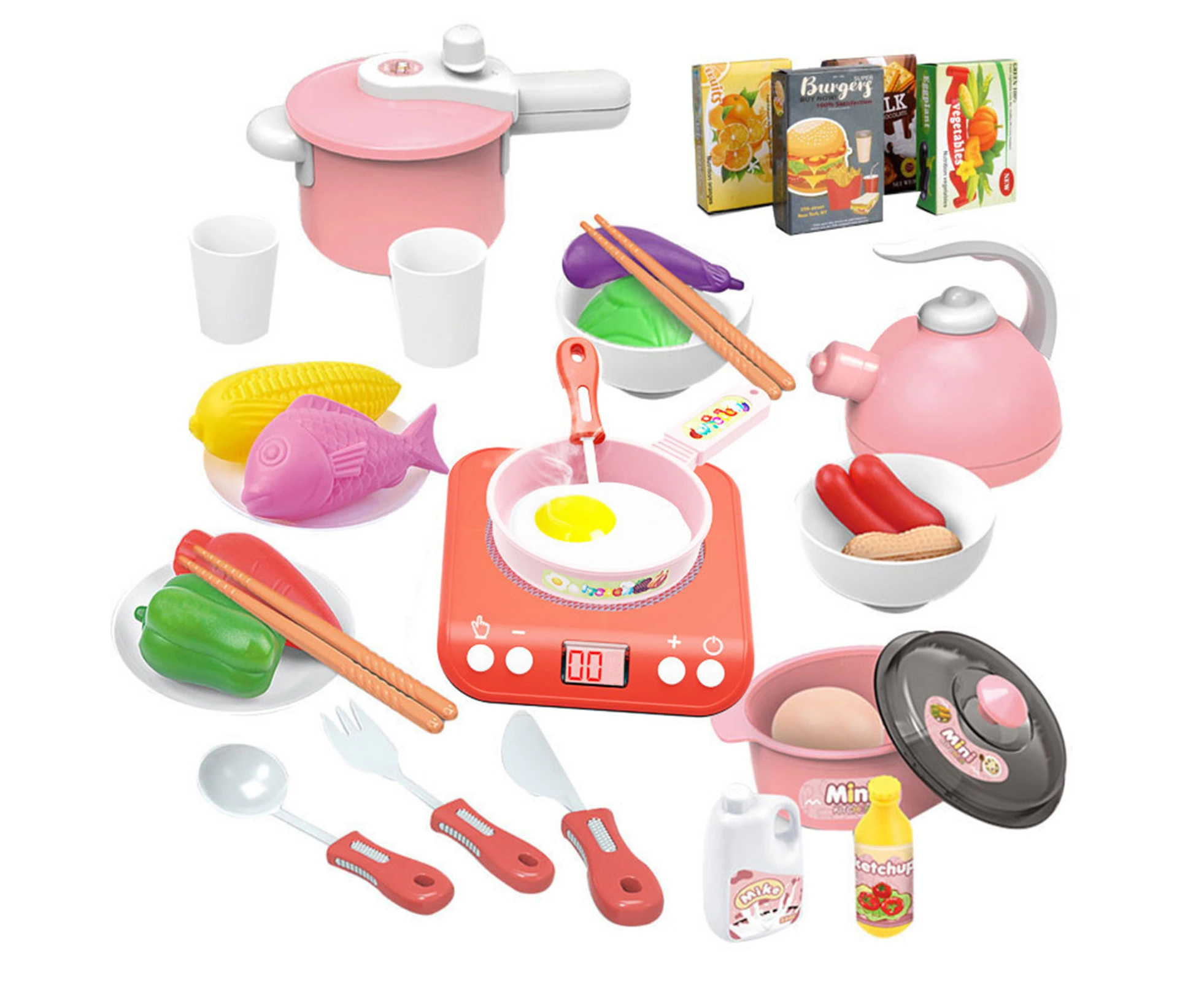 Nvuug 1 Set Rich Accessories Intellectual Development DIY Tools Dollhouse Kitchen Toys Kids Kitchen Play Set with Induction Cook Cooking Supplies-Red