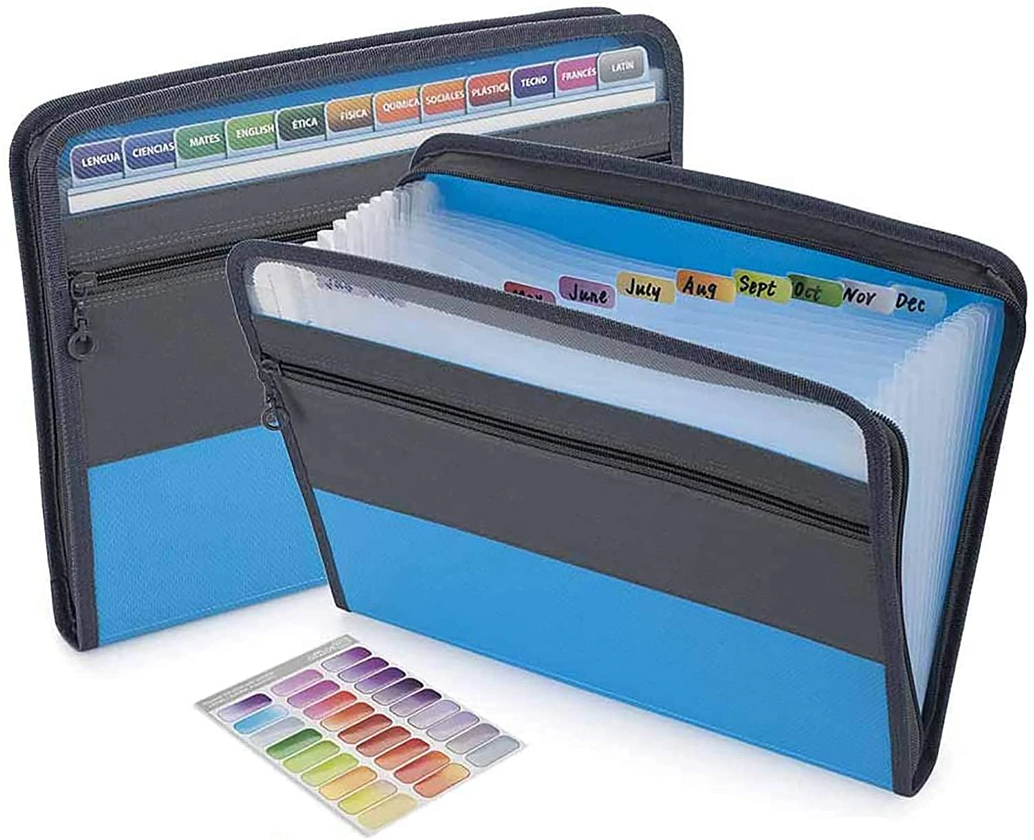 A4 Expanding File Folder with Sticky Labels,13 Pockets Accordion Document Organizer Expanding File Folder with Zipper Closure Blue