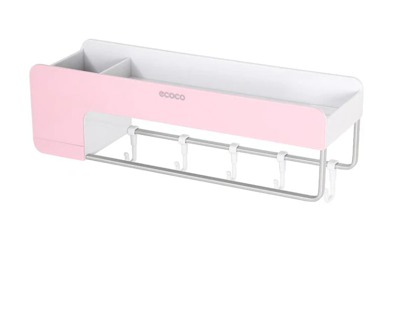 Bathroom Kitchen Storage Organizer Shelf Rack With 5 Towel Hooks-Pink