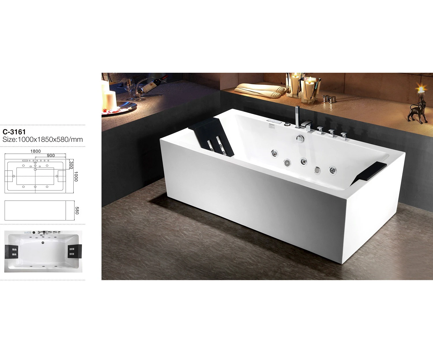 THH Acrylic Free Standing Bathtub with Jacuzzi & Spa Bath White 1000*1850*580mm