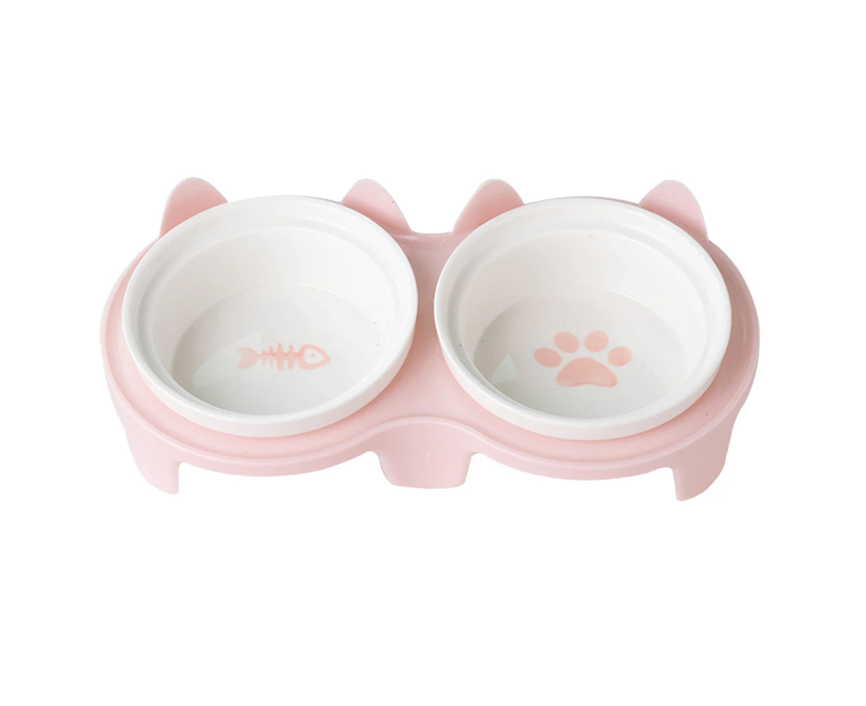 Ceramic Cat Bowls,Double Bowls for Food and Water, Elevated Ceramic Cat Bowls with Plastic Stand-pink