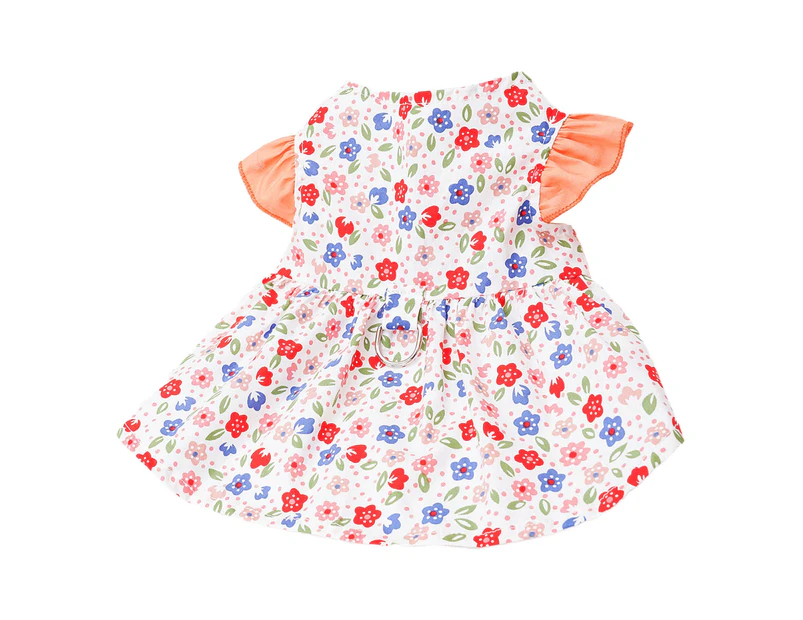 Cute Flower Print Pet Dress Flutter Sleeve with Leash Ring Anti-shedding Breathable Soft Dog Cat Summer Princesses Dress for Pet Outdoor Outfit-Orange XL