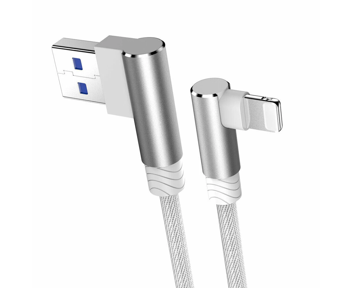 Braided 90 Degree Angle 3A Fast USB 2M/6FT Cable Heavy Duty Charging Syn Charger For iPhone  iPad -White/Silver