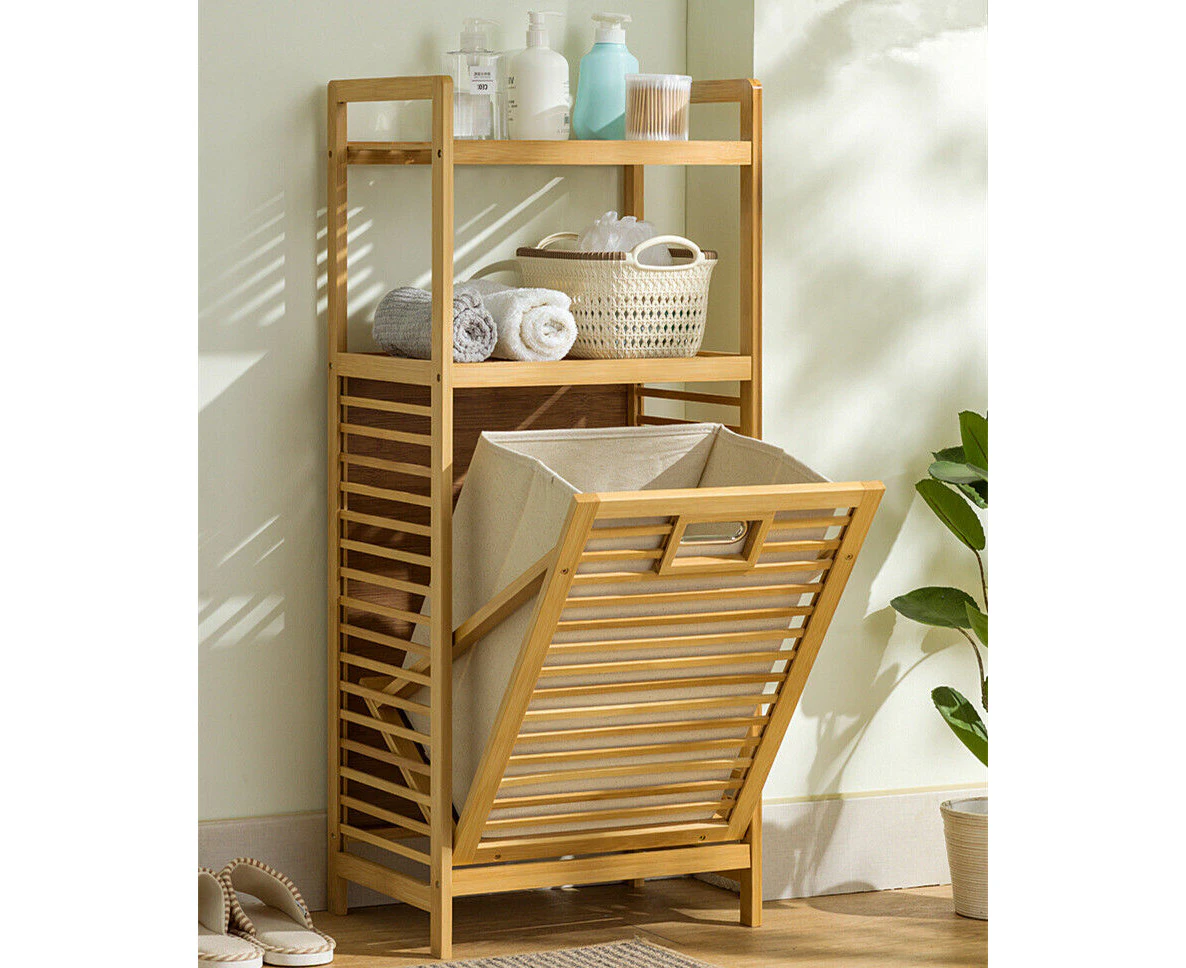 Bamboo Laundry Hamper Tilt Out Clothes Basket Shelf Organizer