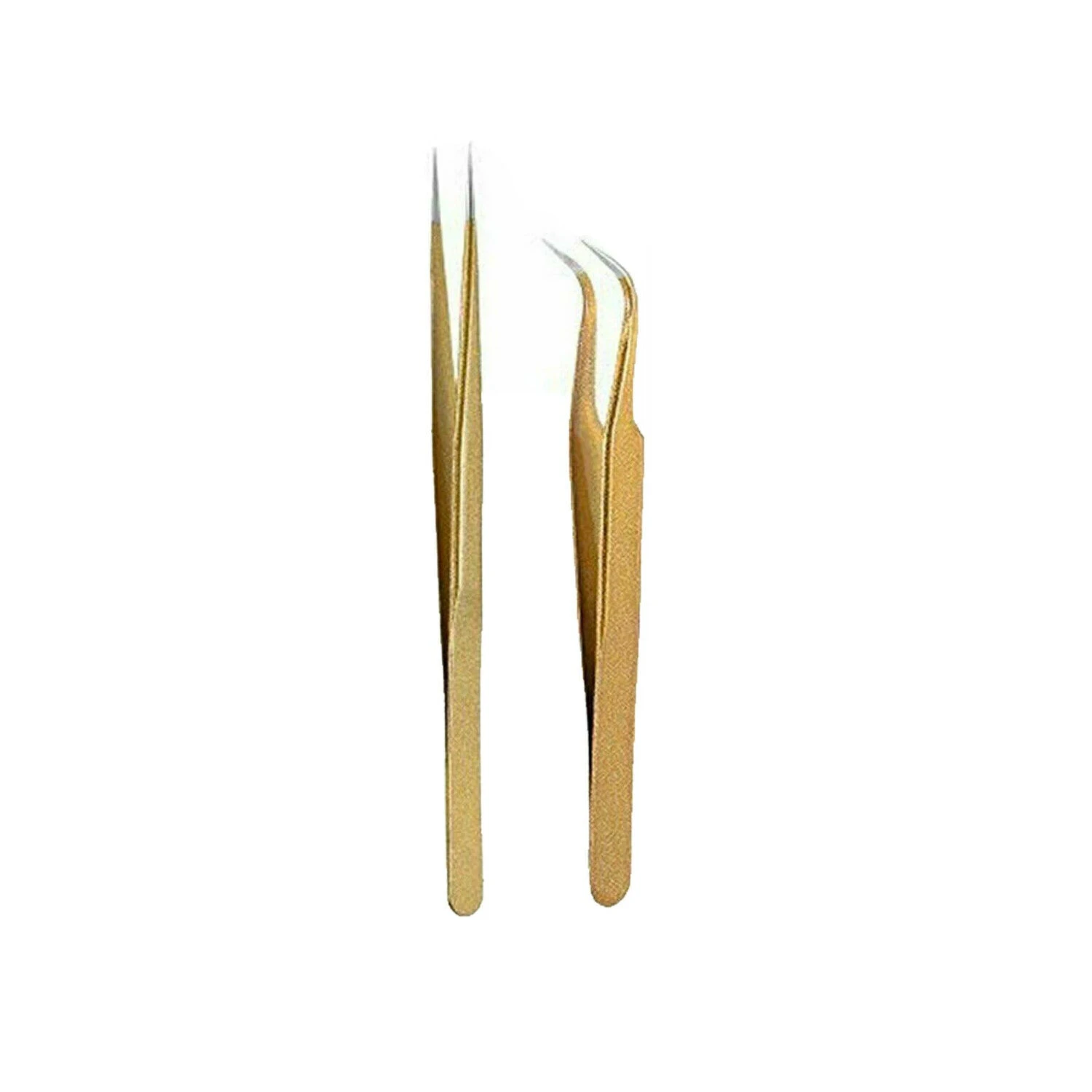 2PCS Eyelash Tweezers Eye Lash Clip Remover Tool False Extension Curved Pointed - Gold