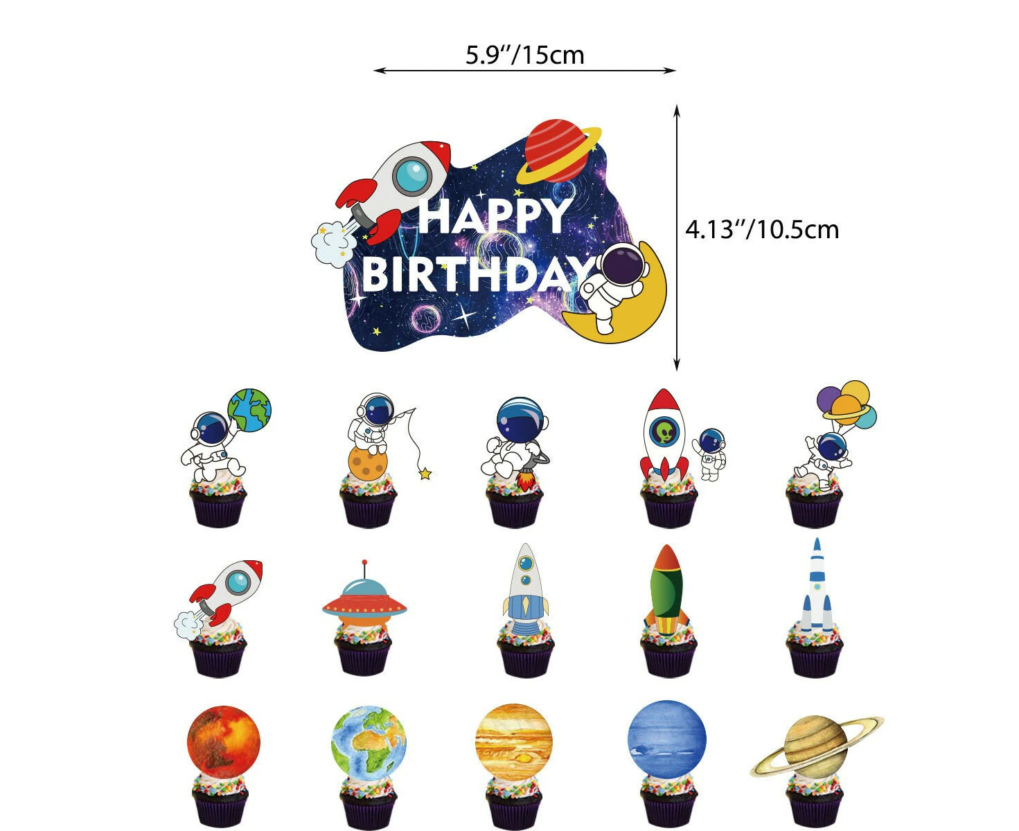 16PCS Outer Space Astronaut Rocket Planets Cake Cupcake Toppers Solar System UFO Party Supplies Party Decorations