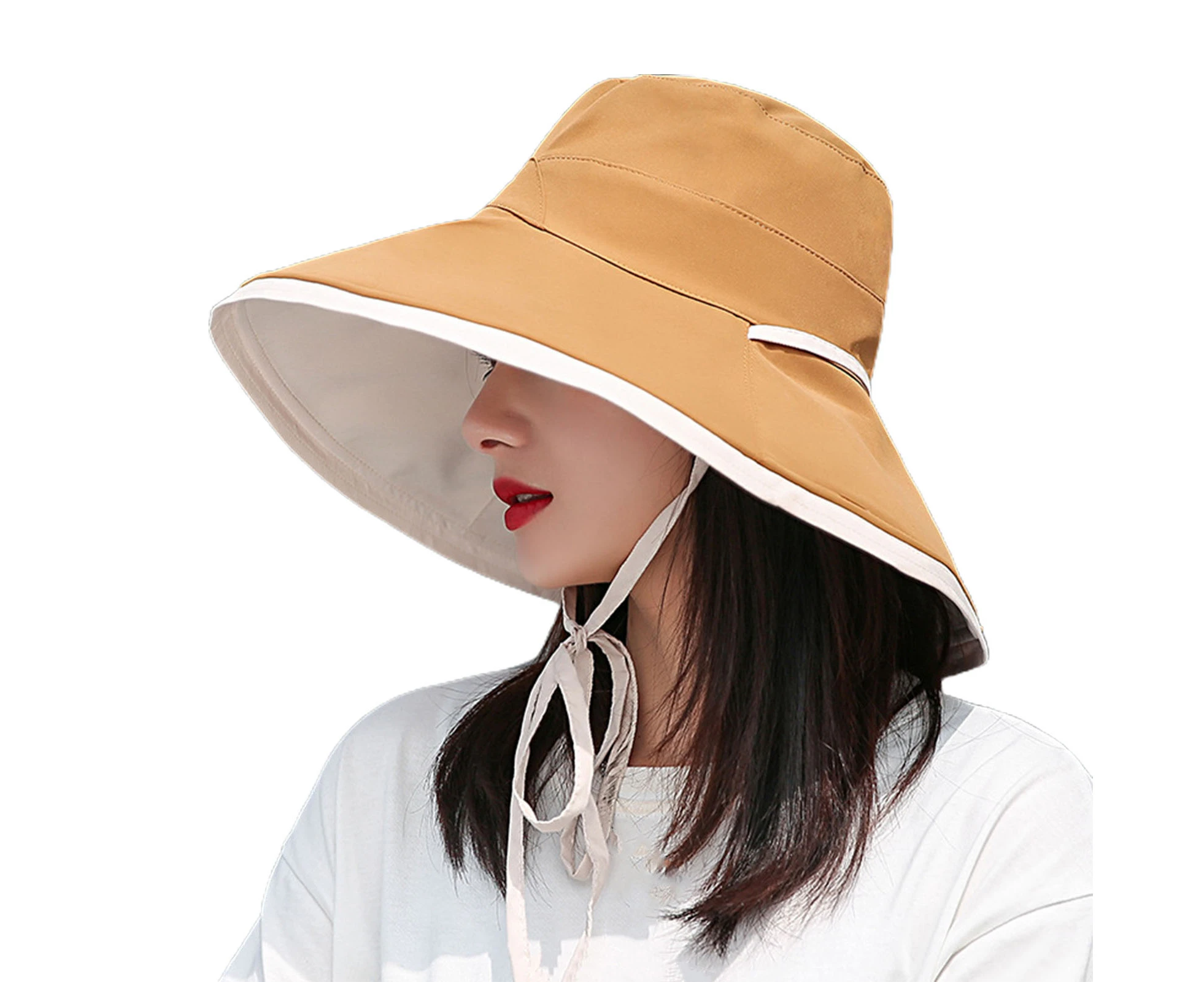 Women Hat Solid Color Adjustable Fasten String Sunscreen Summer Cap for Outdoor - Khaki