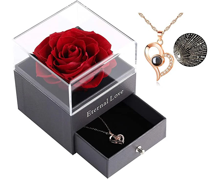 (Red) - Preserved Real Rose with Heart Love You Necklace in 100 Languages Gift Set, Enchanted Real Rose Flower for Valentine's Day Anniversary Wedding Bthd