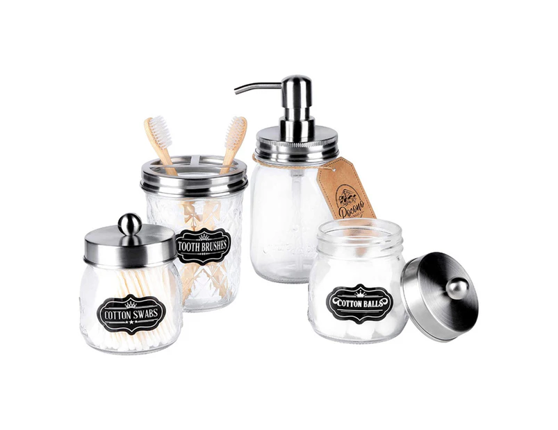 4Pcs/Set Foaming Soap Dispenser Rustic Transparent 304 Stainless Steel Mason Jar Bathroom Accessories Set for Home - Silver