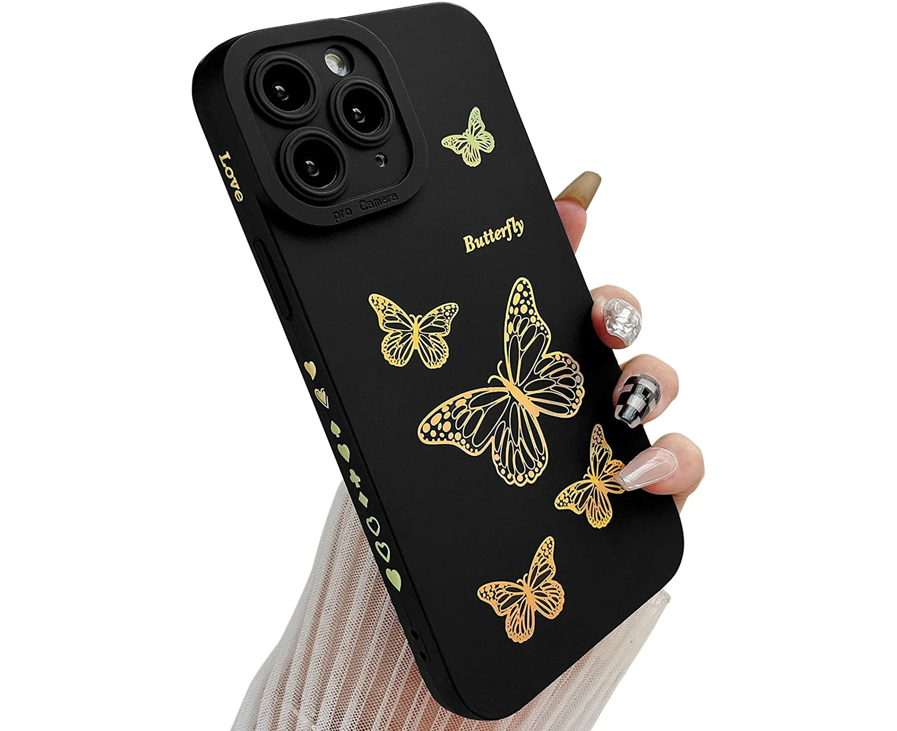 Compatible with iPhone 11 Pro Max Case(2019 6.5),Side Cute Plated Love Heart Back Bling Butterfly with Full Camera Len,Black