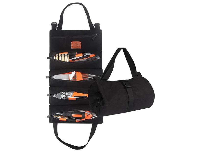 Tool Roll Organizer Wrench Roll Up Bag with 5 Zipper Pockets Canvas Tool Roll-Black